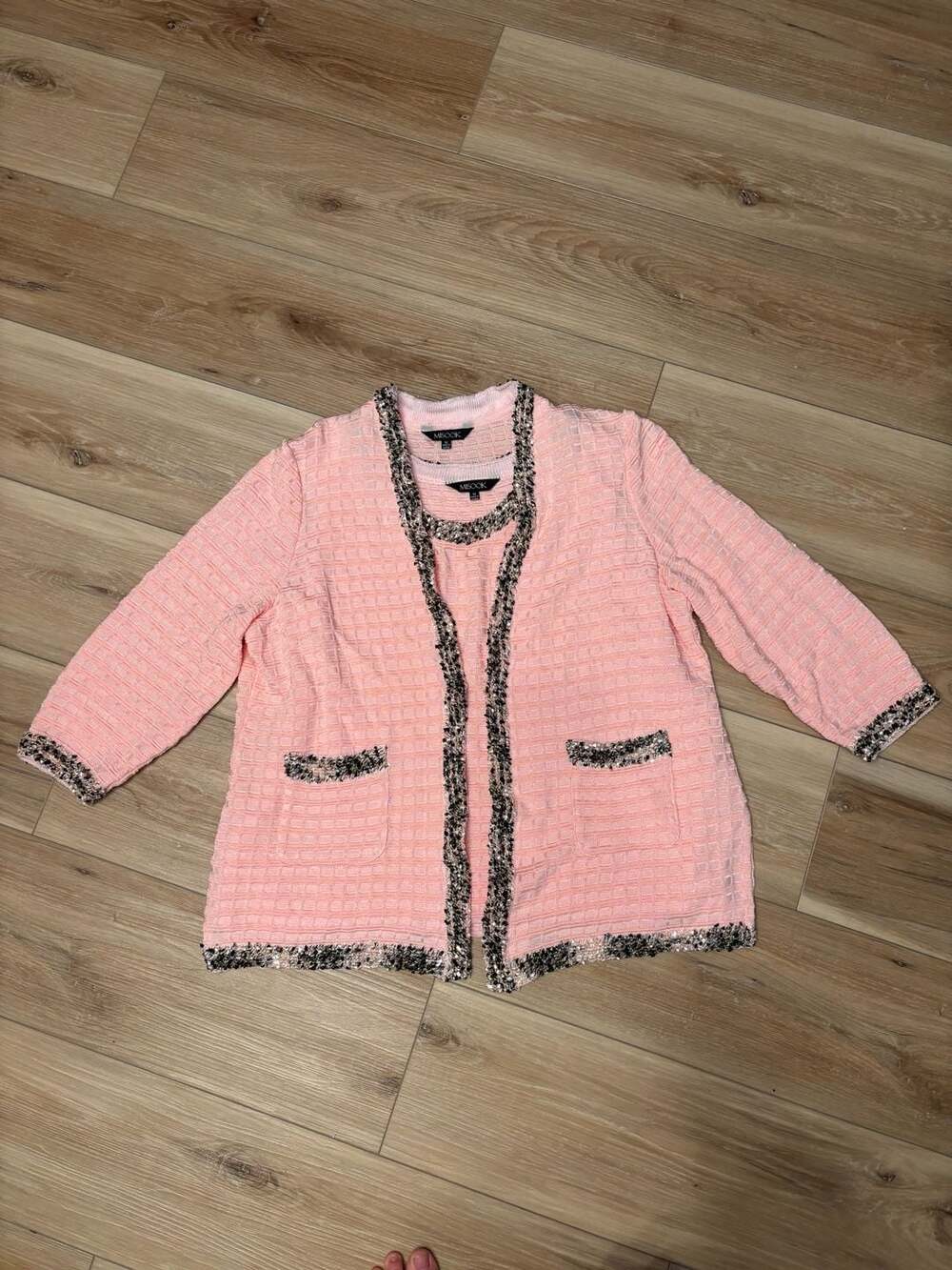 Misook Women's Pink Knit Twinset Cardigan and Tank with Metallic Trim